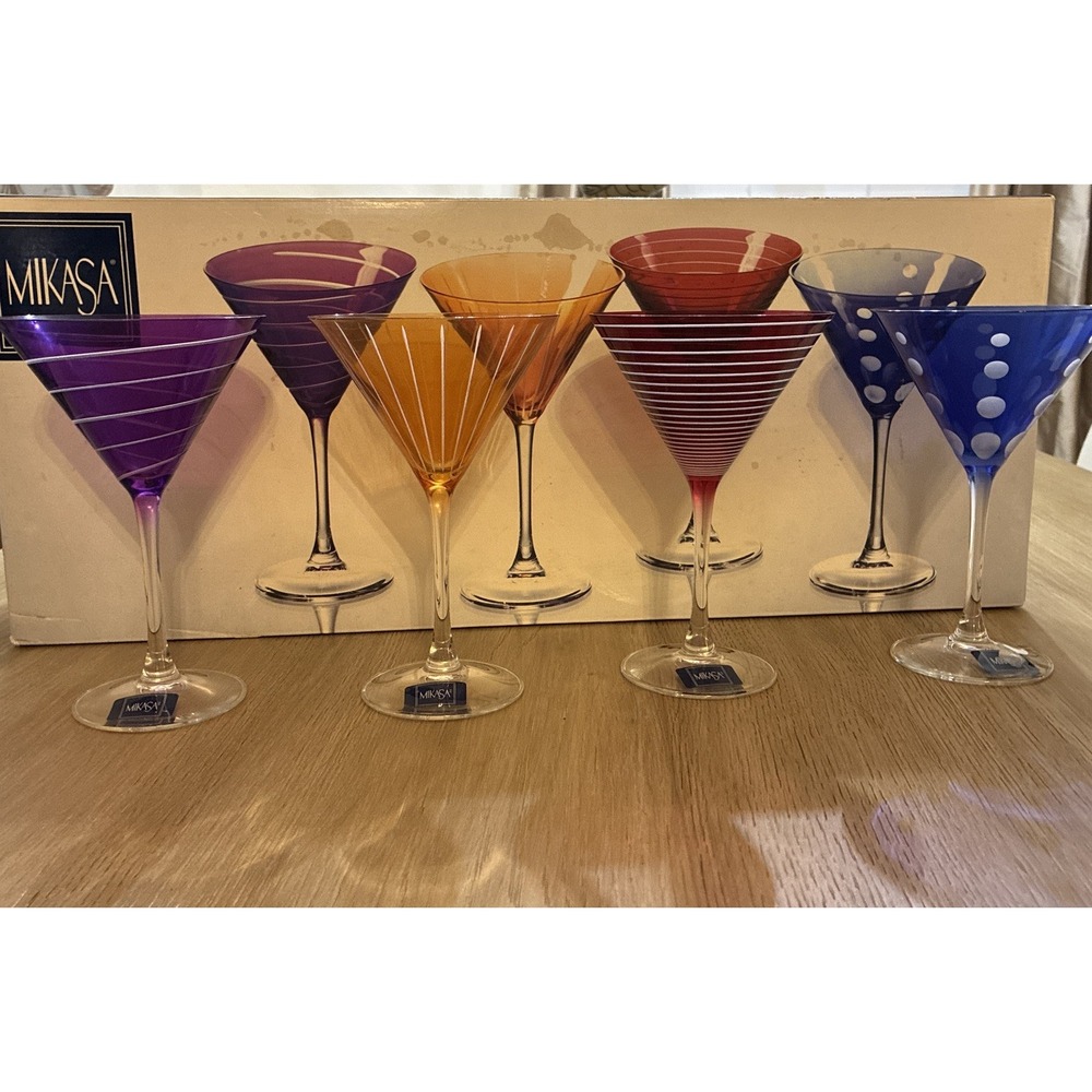 Mikasa Martini Glasses Cheers Mix Various Colors & Cut Patterns Set/4  NIB